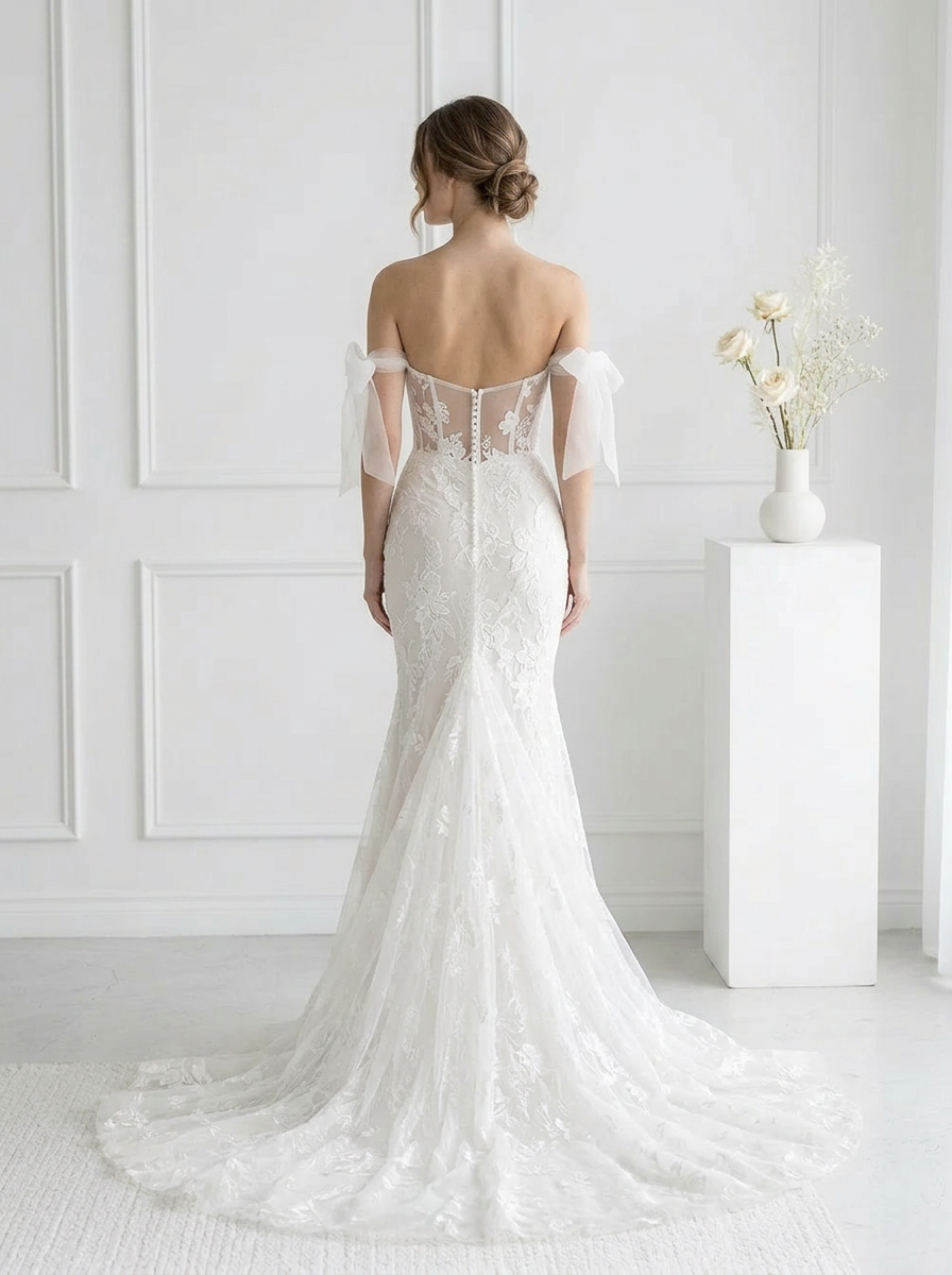 Ivory Off-the-Shoulder Tulle Mermaid Corset Wedding Dress With Appliques